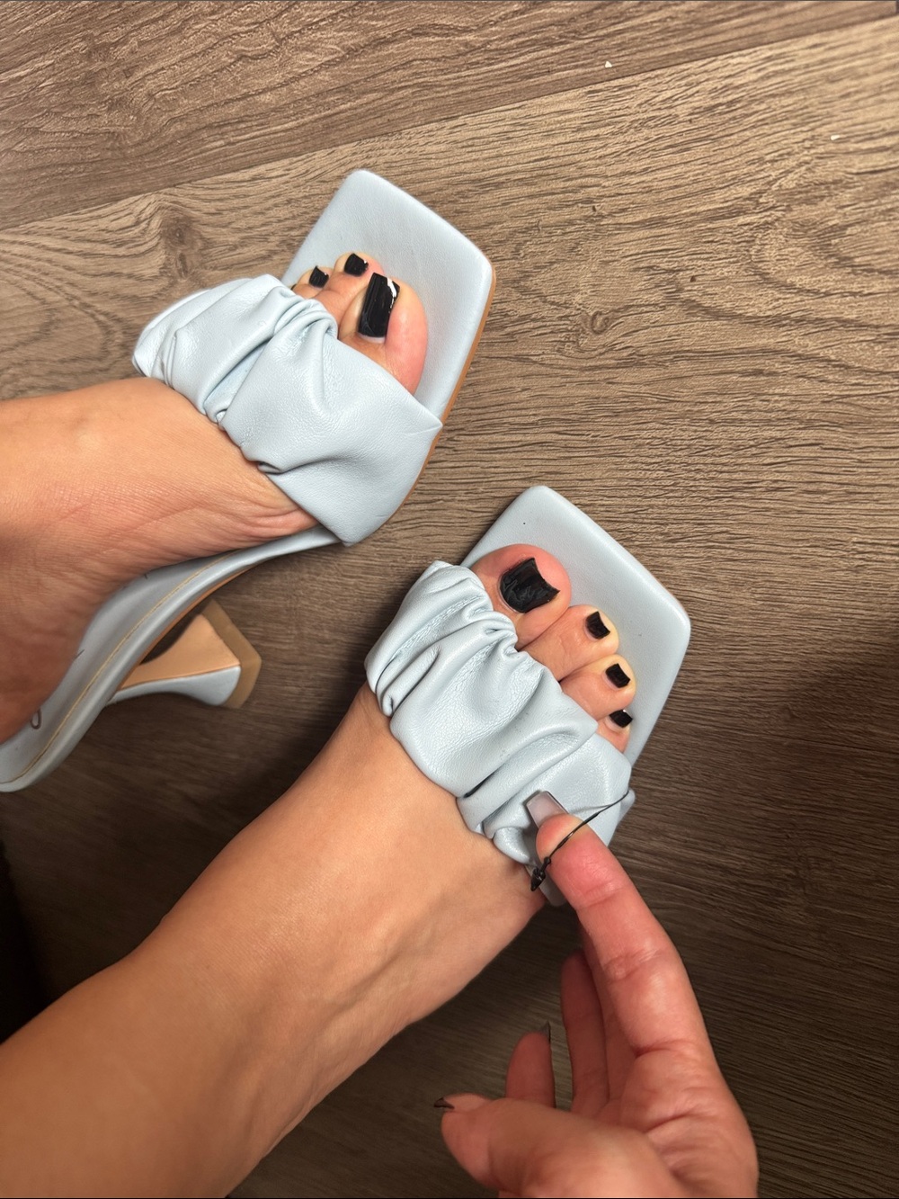 Soft Ruched Square-Toe Heeled Sandals in Light Blue